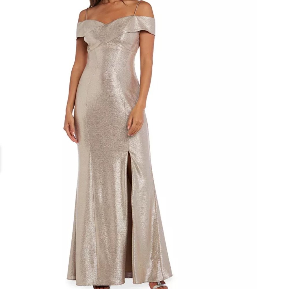 Night Way Off-Shoulder Metallic Gown